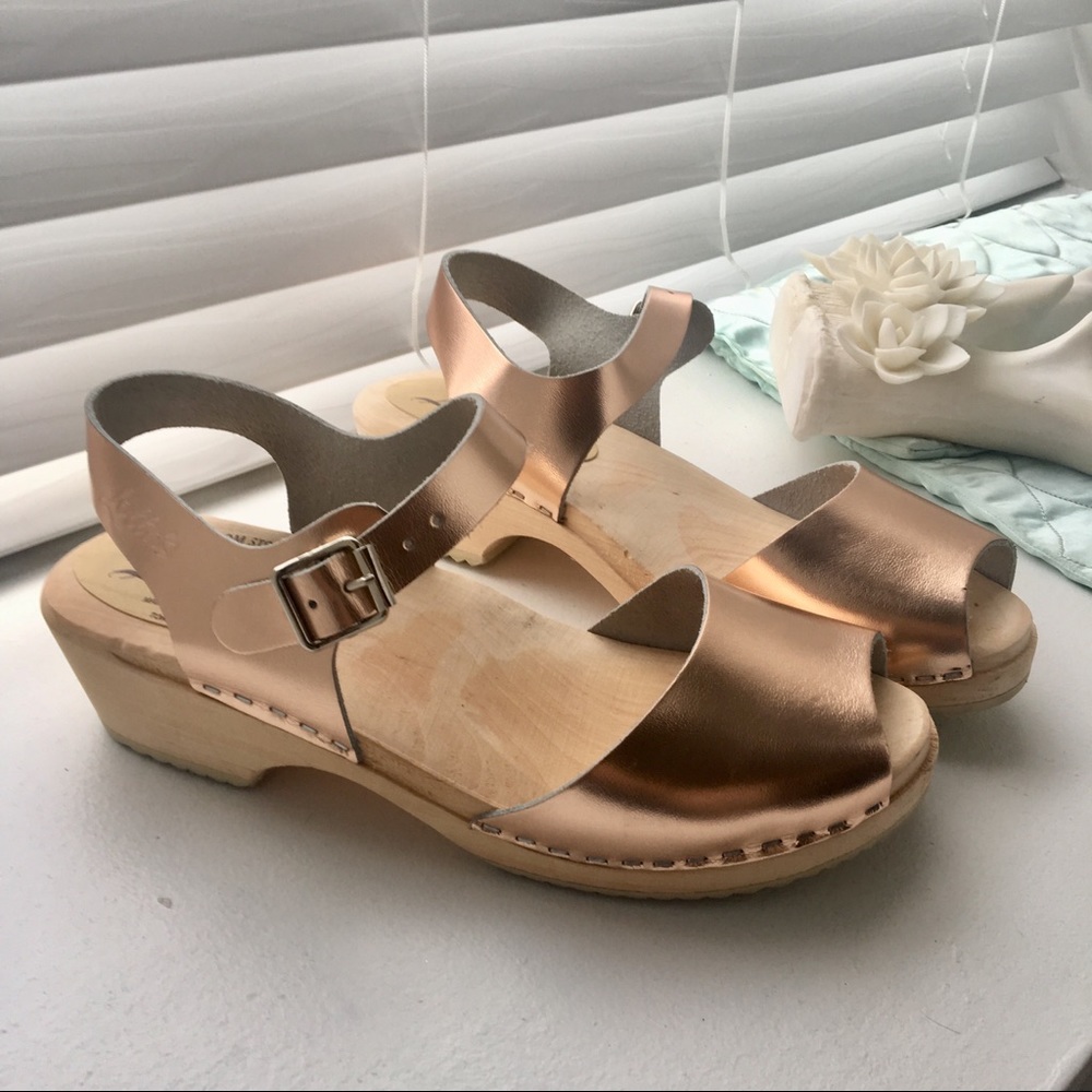 Rose gold metallic wooden clog sandals low heel 40